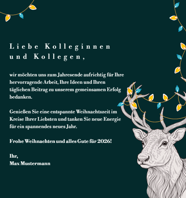 Weihnachtskarte in Wunschfarbe mit Hirsch und leuchtender farbiger Lichterkette animiert Grün.