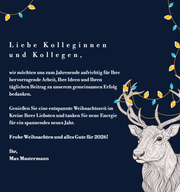 Weihnachtskarte in Wunschfarbe mit Hirsch und leuchtender farbiger Lichterkette animiert Marine.