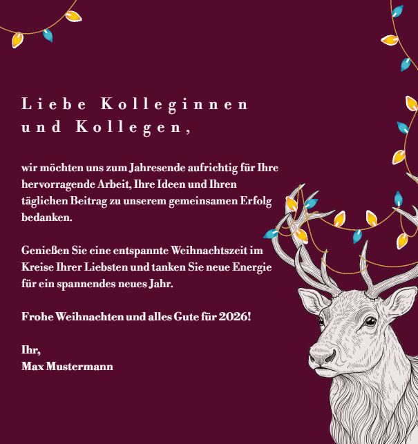 Weihnachtskarte in Wunschfarbe mit Hirsch und leuchtender farbiger Lichterkette animiert Rot.