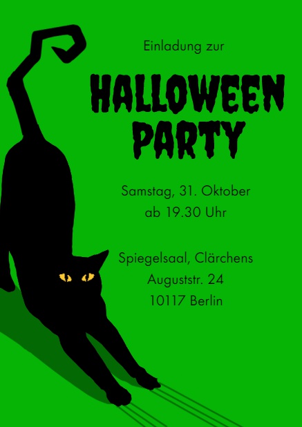 Online Halloween Einladungskarte mit schwarzer Katze Grün.
