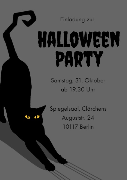 Online Halloween Einladungskarte mit schwarzer Katze Grau.