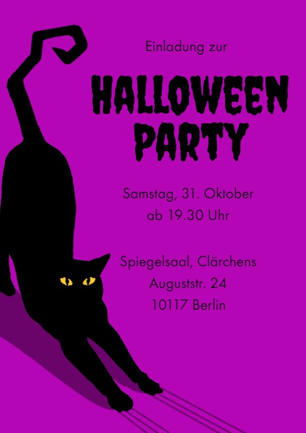 Online Halloween Einladungskarte mit schwarzer Katze Lila.