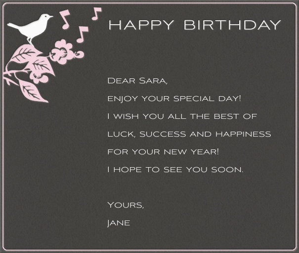 Dark Grey Seasonal Birthday Card with songbirds and Header Text.