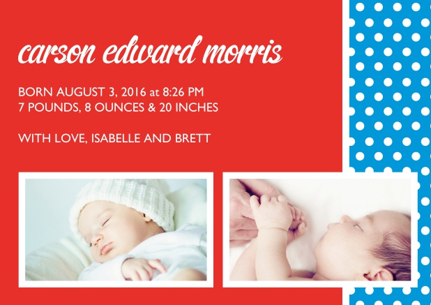 Online birth announcement card in USA colors and two photo fields.