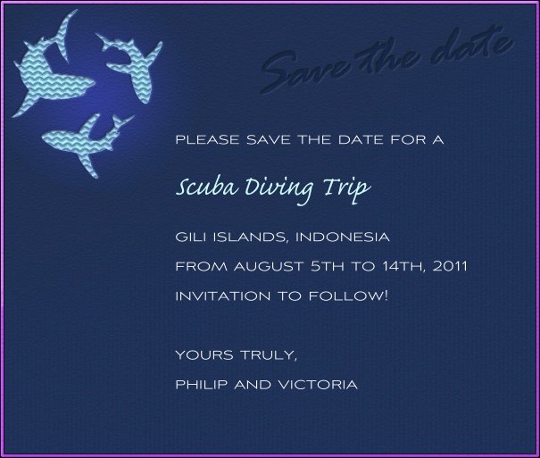 Dark Blue Sport Themed Save the Date Card with Sharks.