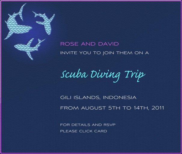 Square Blue Fishing themed Invitation Template with sharks and purple border.