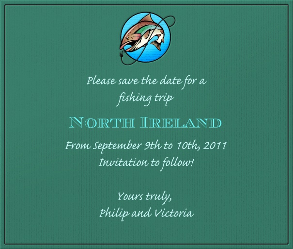 Turquoise Sport Themed Save the Date Card with fish motif.