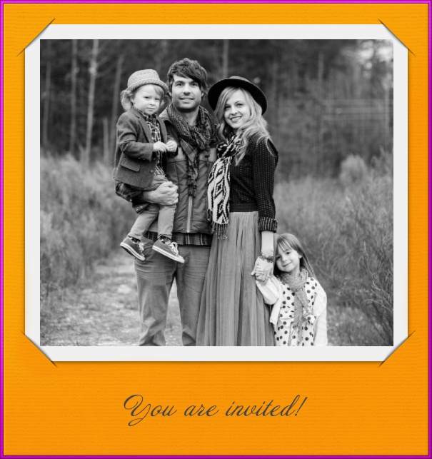 Rectangular Customizable Photo Card Invitation Design with Orange and Purple border.