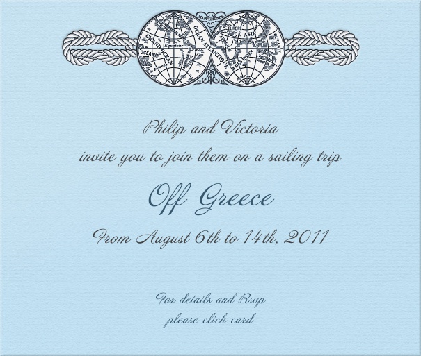 Querformat blaue Segel Einladungskarte mit Weltkurgel und Seil Design