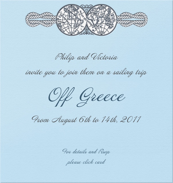 Hochkantformat blaue Segel Einladungskarte mit Weltkurgel und Seil Design