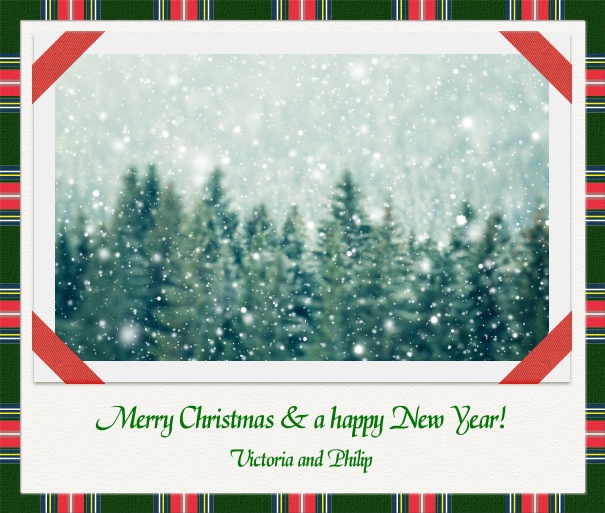 Querformat Weihnachtsfotokarte für Online Weihnachtskarten aus weißem Papier mit Fotobox zum selber hochladen gehalten von Bändern und Feld zur Texteingabe.