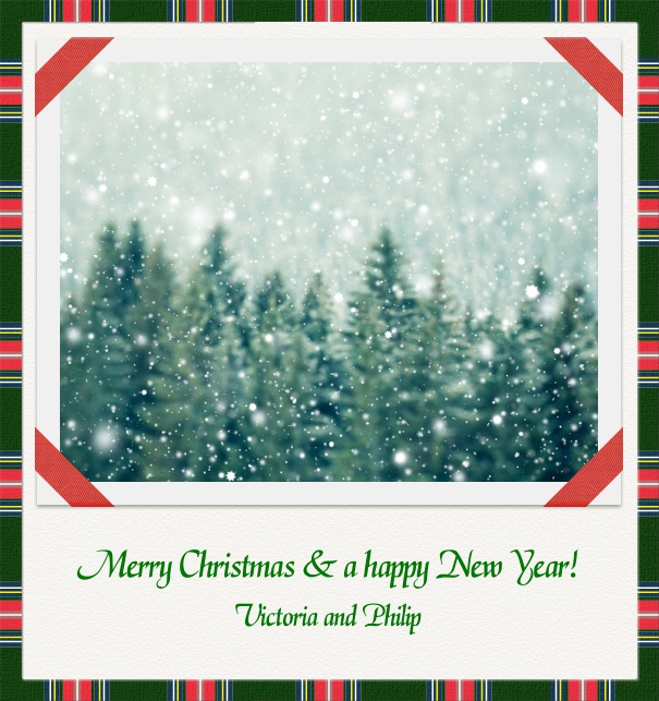 High Tan Christmas Card with Christmas Plaid Border and Album Style Photo.