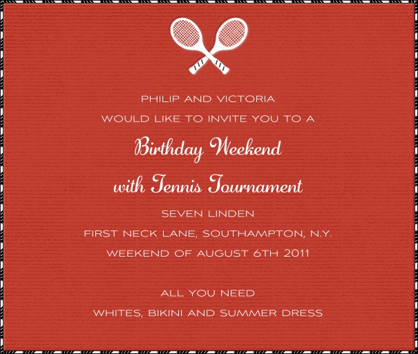 Square Red Tennis Themed Invitation Design with Tennis Rackets and border.