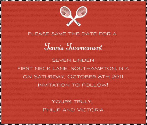 Red Sport Themed Save the Date Card with Tennis Racquets.