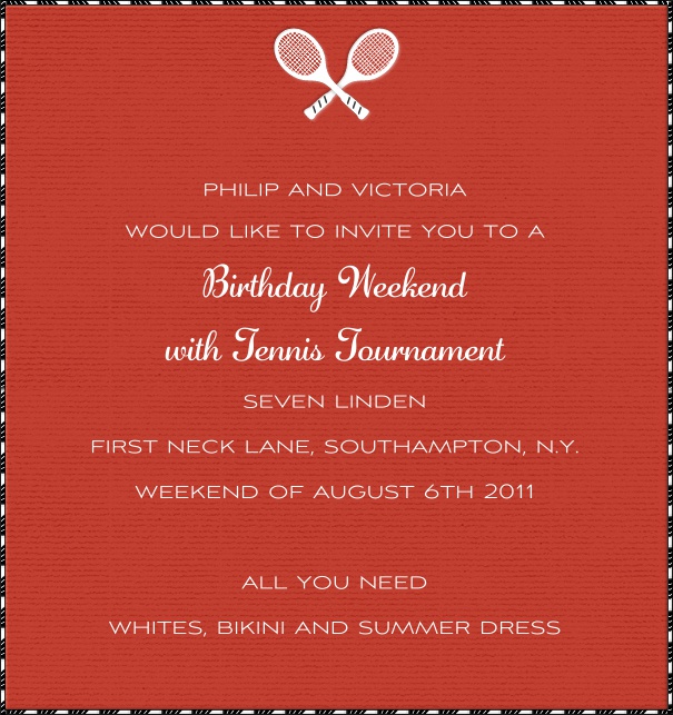 High Format Red Tennis Themed Invitation Design with Tennis Rackets and border.