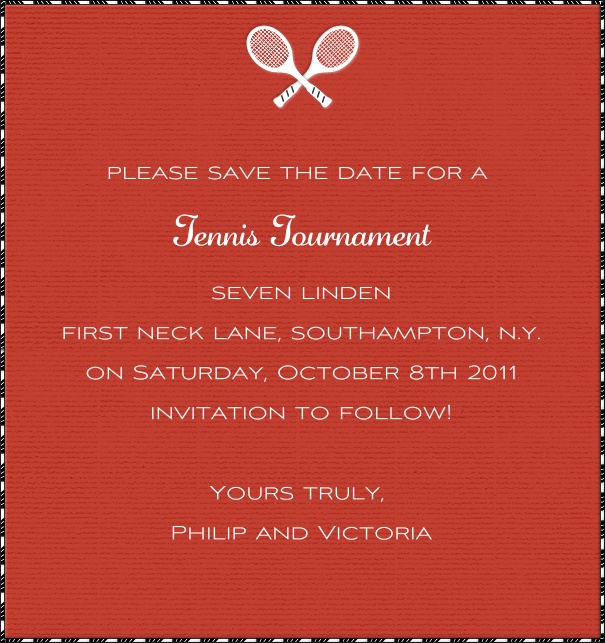 High Red Sport Themed Save the Date Card with Tennis Racquets.