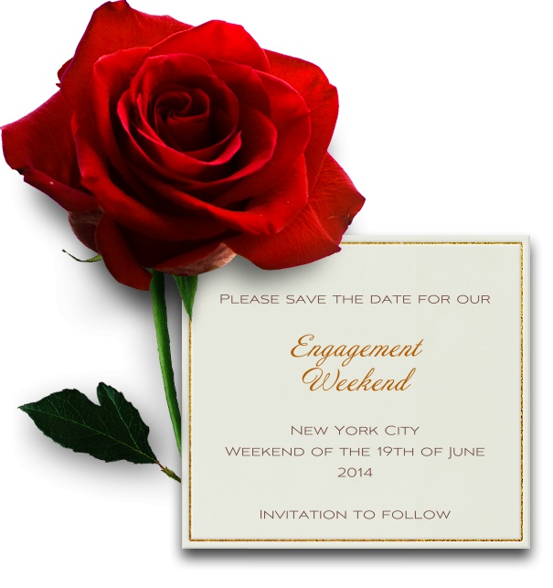 Blumen save the date Kartenvorlage in weiss mit goldenem Rand und digitaler roter Rose.