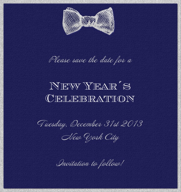 High Dark Blue Celebration Save the Date Card with Bow Tie and White Border.