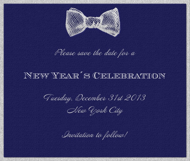Dark Blue Celebration Save the Date Card with Bow Tie and White Border.