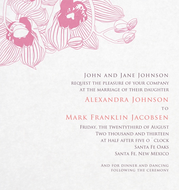 Online Hochzeitseinladungskarte in speziellen online Format mit rosafarbenen Blumenmuster.