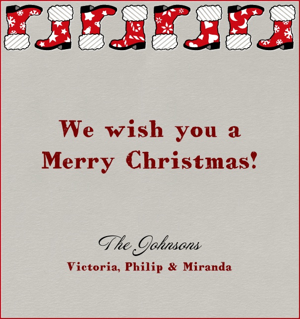 Graue Online Weihnachtskarte in Hochkantformat mit rotem Rand und Weihnachtsmannstiefeln.