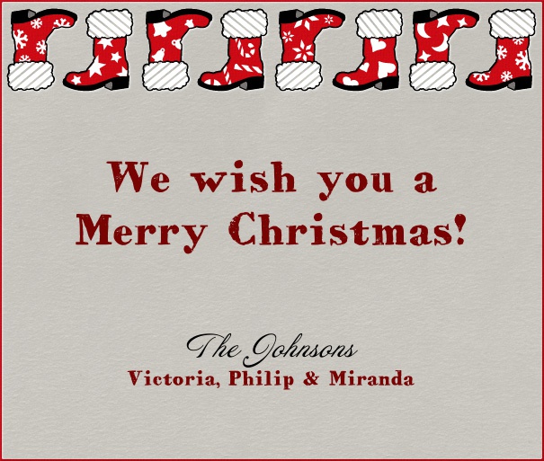Graue Online Weihnachtskarte mit rotem Rand und Weihnachtsmannstiefeln.