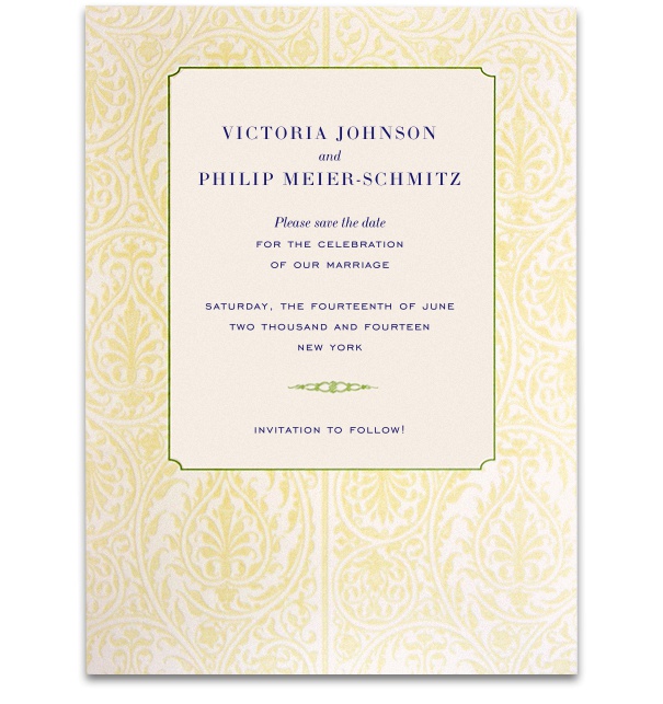 Wedding Save the date online with wide golden floral frame and blue and grey font.