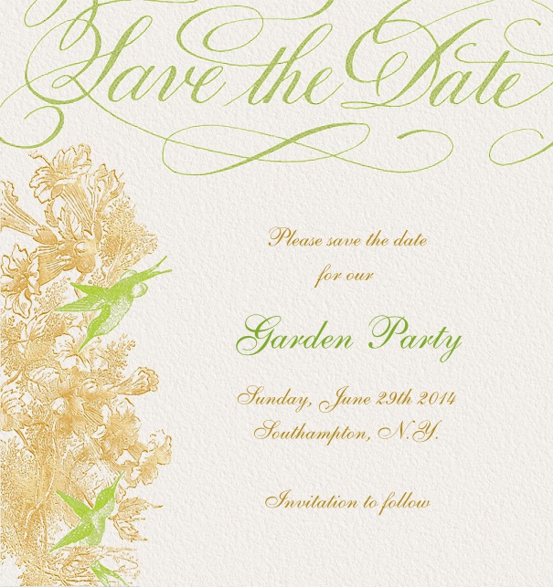 Online Save the Date Karte mit kunstvollem, gold-grünem Blumenmuster.