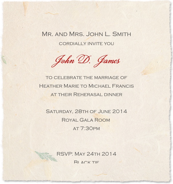 White, rectangular, papier-like Invitation Card.