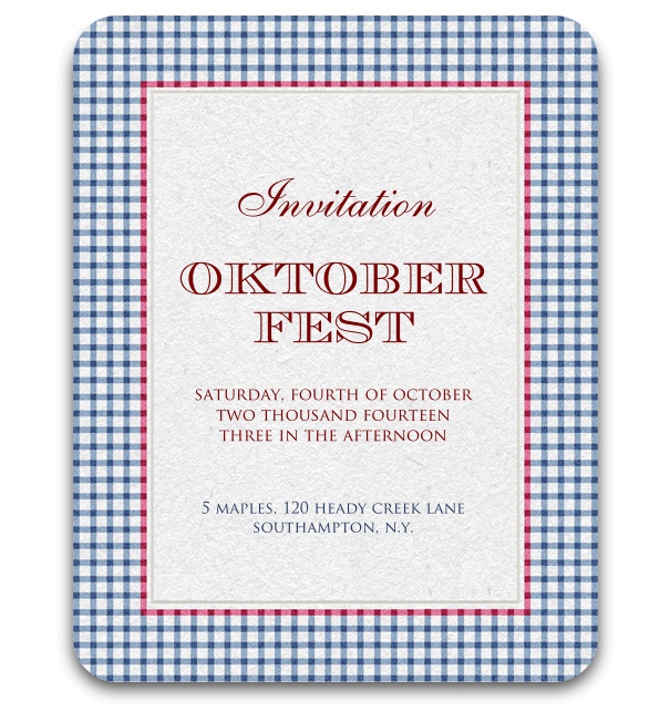 Blue and white checkered fabric Oktoberfest invitation card with red frame.