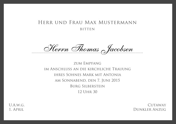 Online Klassisch, weiße Einladungskarte mit feinem Rahmen - in mehreren Farben erhältlich. Schwarz.