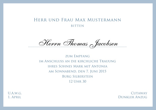 Online Klassisch, weiße Einladungskarte mit feinem Rahmen - in mehreren Farben erhältlich. Blau.