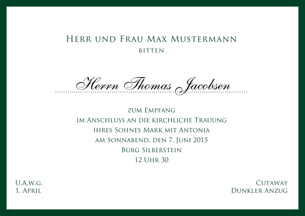 Online Klassisch, weiße Einladungskarte mit feinem Rahmen - in mehreren Farben erhältlich. Grün.