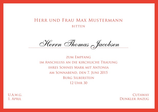 Online Klassisch, weiße Einladungskarte mit feinem Rahmen - in mehreren Farben erhältlich. Rot.