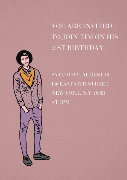 Invitation in purple with young man for 21st birthday.