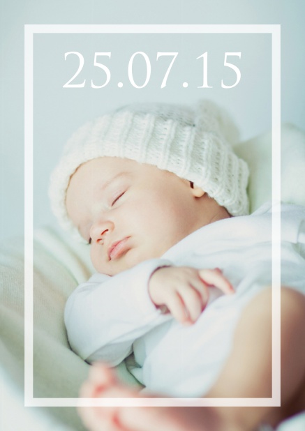 Online birth annoucement photo card with transparent frame and text on a changeable photo. Navy.