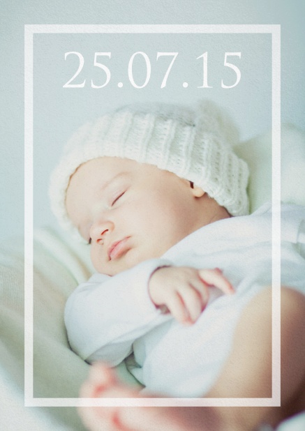Birth annoucement photo card with transparent frame and text on a changeable photo. Navy.