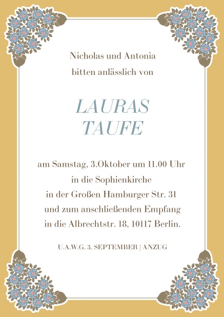 Einladungskarte zur Taufe mit goldenem Rahmen und Jugendstil  Blumenornamenten.