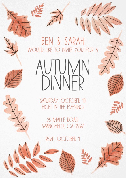 Autumnal invitation with brown leaves and editable text field.