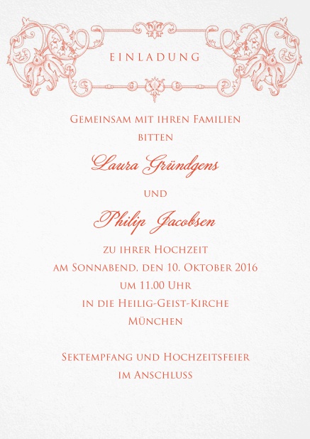 Wedding invitation card with red illustration at the top.