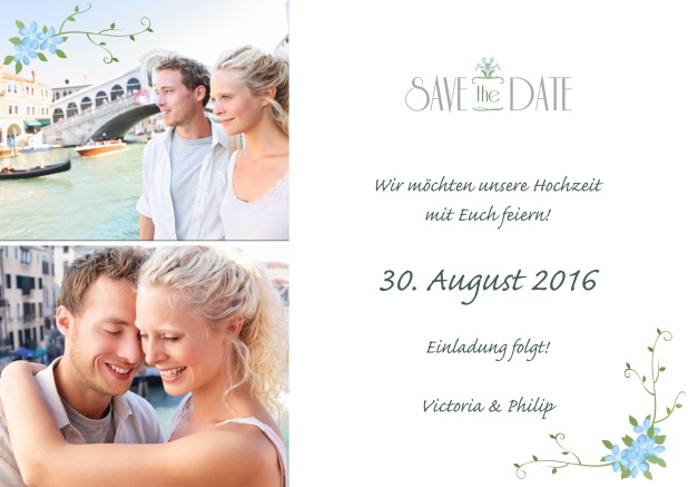 Online Save the Date Karte zur Hochzeit mit zwei Fotos und Blumenschmuck.