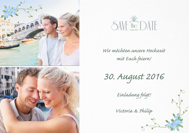 Save the Date Karte zur Hochzeit mit zwei Fotos und Blumenschmuck.