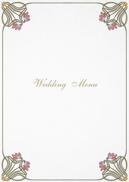 Menu card design with floral art-nouveau deco and delicate text.