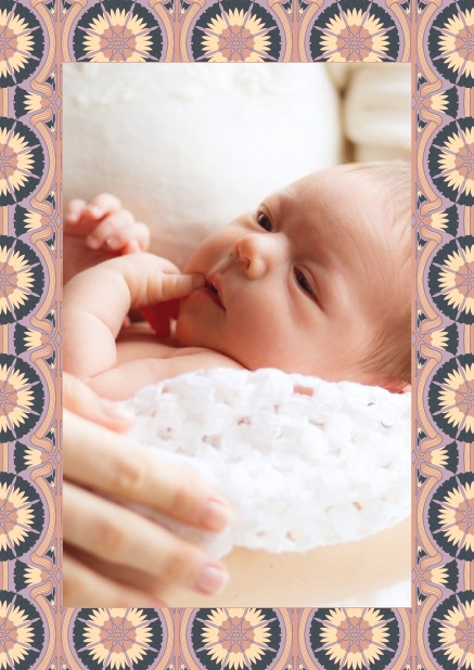 Online Birth announcement photo card with roots art-nouveau frame. Orange.