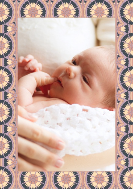 Online Birth announcement photo card with roots art-nouveau frame. Purple.