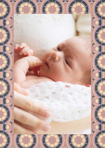 Birth announcement photo card with roots art-nouveau frame. Purple.