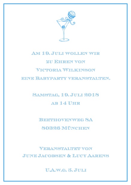 Online Cocktail Einladungskarte mit elegantem Rahmen und illustriertem Cocktail. Blau.