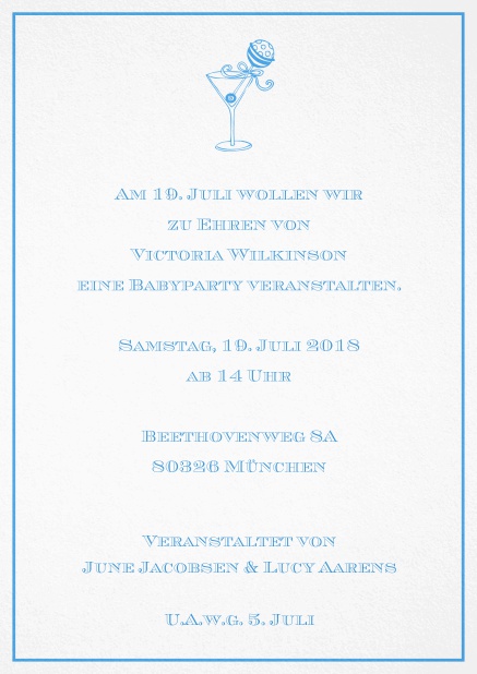 Cocktail Einladungskarte mit elegantem Rahmen und illustriertem Cocktail. Blau.