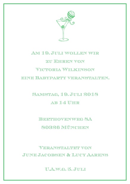 Online Cocktail Einladungskarte mit elegantem Rahmen und illustriertem Cocktail. Grün.