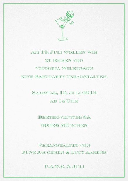 Cocktail Einladungskarte mit elegantem Rahmen und illustriertem Cocktail. Grün.